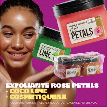Duo exfoliante Rose Petals y Coco Lime. GRATIS COSMETIQUERA.